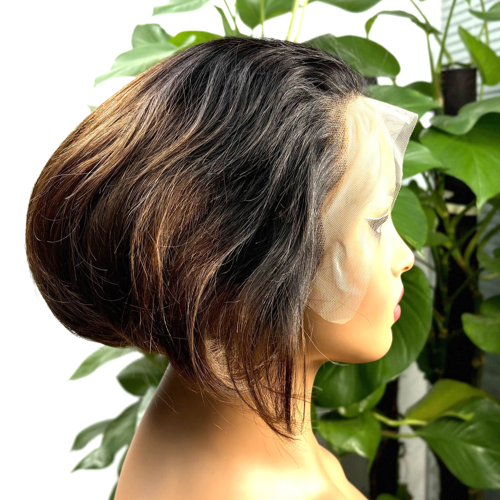13x4 Lace Frontal 1BT4 Ombre Pixie Cut Wig Human Hair Wigs 300% Density Short Natural Wavy Remy Hair Bob Wigs for Black Women