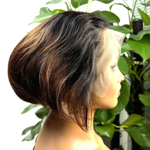 13x4 Lace Frontal 1BT4 Ombre Pixie Cut Wig Human Hair Wigs 300% Density Short Natural Wavy Remy Hair Bob Wigs for Black Women