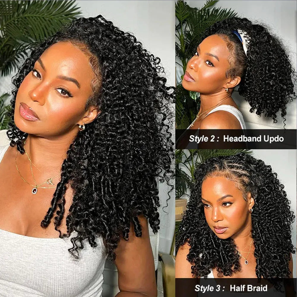 Burmese Curly Half Wig Raw Human Hair Glueless Wig 3 IN 1 Half Wigs With Drawstring Clip Ins Flip Over Deep Curly Half Wigs