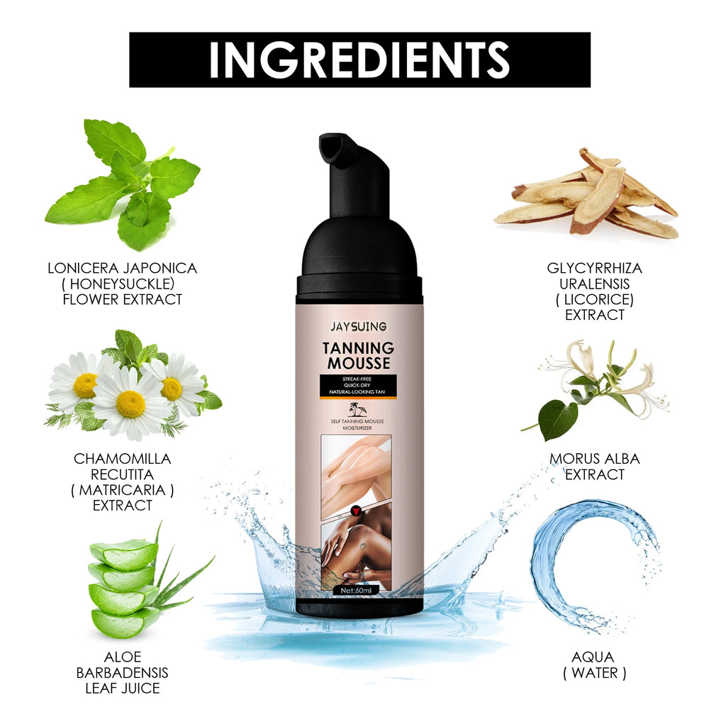 60ml Jaysuing Self Tanning Mousse Summer Bronze Tan Moisturizing Easy Application Natural Glow Soft Hydrated Skin Body Care