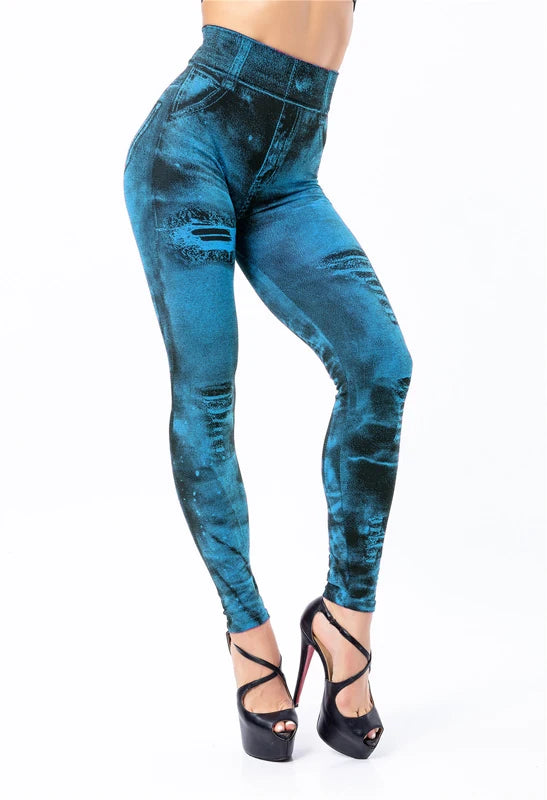 2024 Sexy Astic Imitation Jeans Leggings Women Stretch High Waist Pants Fitness Slim Push Up Leggings For Women Summer Breeches