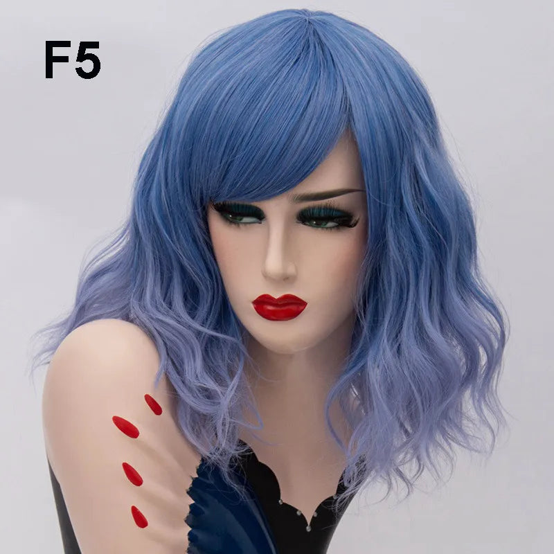 GAKA Short Wig Grey White Wavy Cosplay Red Wig with Side Bang for Women 32 Colors Party Costume Lolita Synthetic Hair