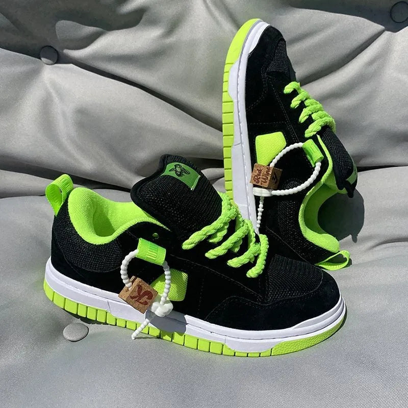 Niche Original Design Casual Bread Shoes Women's Large Size Couple Thickened Tongue Fluorescent Green Skull Pattern Mesh Fabric