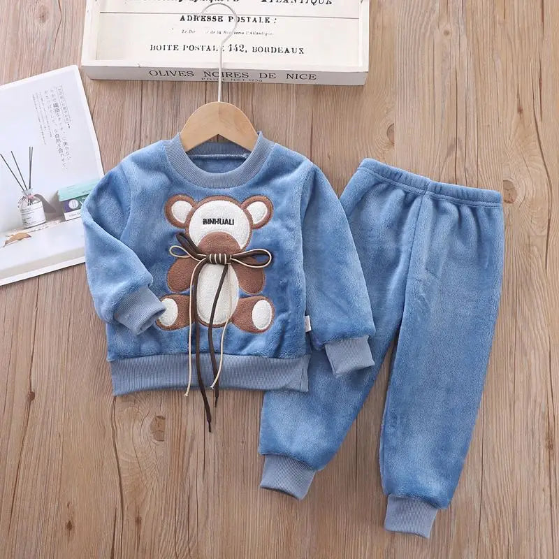 Girls Clothing Sets Children's Flannel Pajamas Home Clothes Casual Warm and Children Baby Sleepwear Suit Fleece Plain Solid