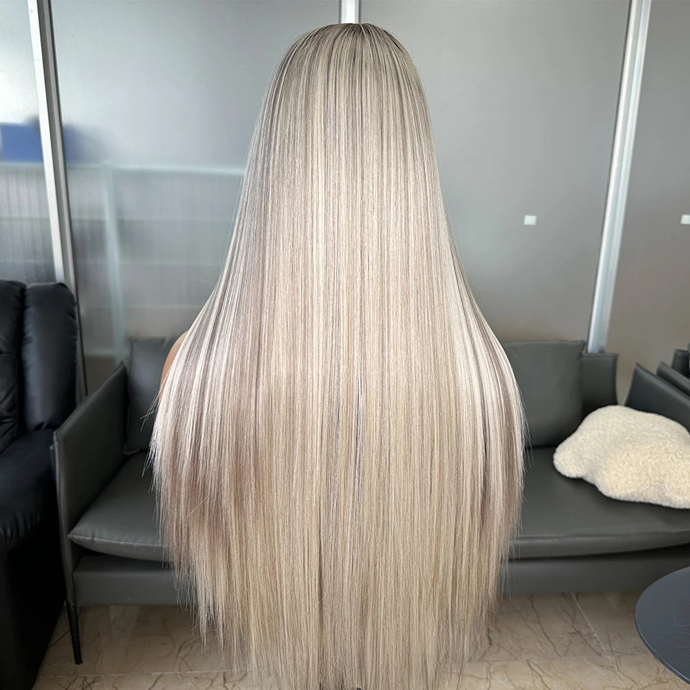 Long Straight Ombre Grey Lace Frontal Wigs 13X6 Heat Resistant Synthetic Lace Front Wigs for Black Women