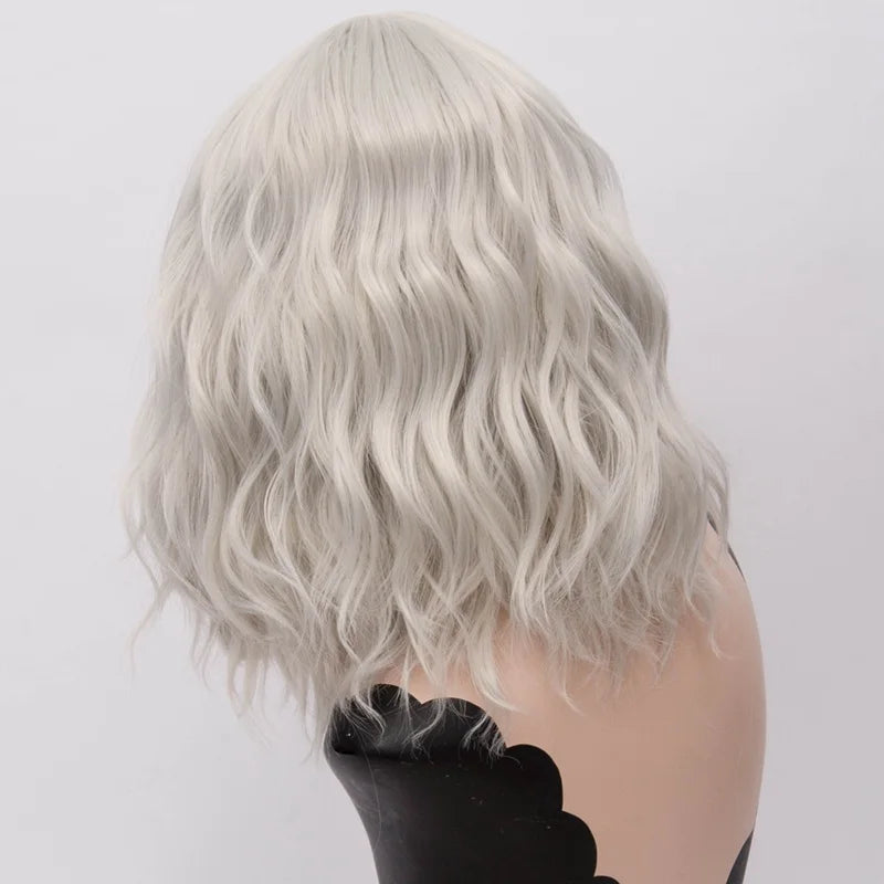 GAKA Short Wig Grey White Wavy Cosplay Red Wig with Side Bang for Women 32 Colors Party Costume Lolita Synthetic Hair