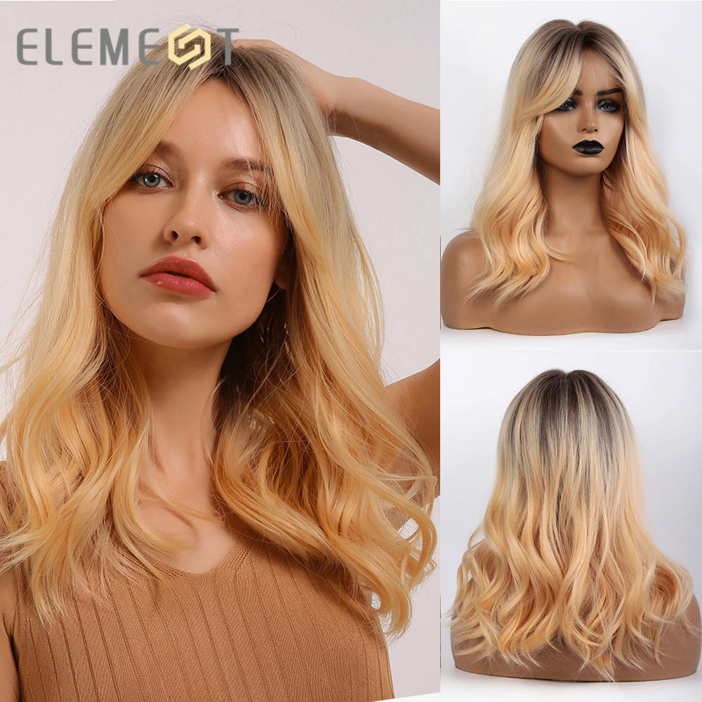 ELEMENT 16 Inch Ombre Golden Blonde Loose Curly Hair Wig with Bangs Lolita Cosplay Party Daily Wigs for Women