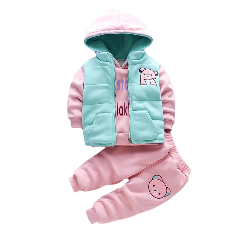 2026 New Baby Boys Girls Christmas Cartoon Winter Hooded Plush Warm Vest Coat+Sweatshirt+Pants 3Pcs Infant Children Sports Suit