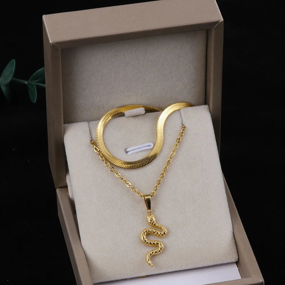 316l Stainless Steel Snake Chain Women Necklace Multilayer Gold Plated Paperclip Snake Chain Colorful Snake Necklace