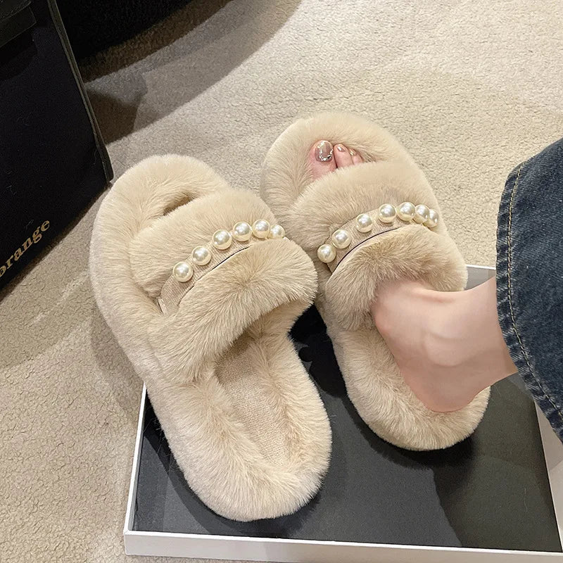 New Winter Online Celebrity Warm Fashion Pearl Adult Home Slippers Fur Warm Shoes Flats Female Adult Non-slip Outdoor Slippers