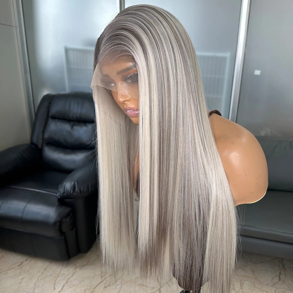 Long Straight Ombre Grey Lace Frontal Wigs 13X6 Heat Resistant Synthetic Lace Front Wigs for Black Women
