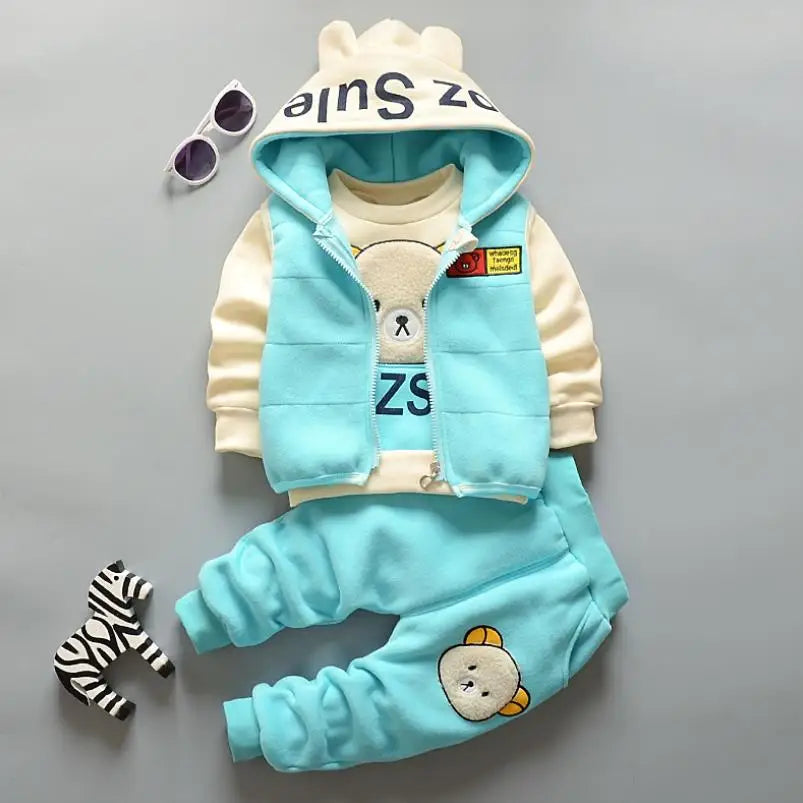 2026 New Baby Boys Girls Christmas Cartoon Winter Hooded Plush Warm Vest Coat+Sweatshirt+Pants 3Pcs Infant Children Sports Suit