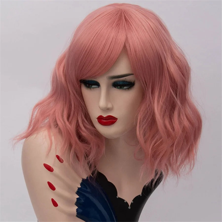 GAKA Short Wig Grey White Wavy Cosplay Red Wig with Side Bang for Women 32 Colors Party Costume Lolita Synthetic Hair
