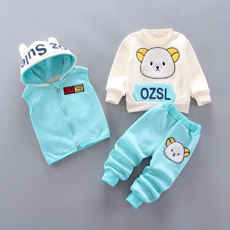 Children Clothing Sets Winter Plus Velvet Thick Warm 3Pcs Outfit Cartoon Bear Baby Boys Clothes Sport Tracksuit Set For Girls