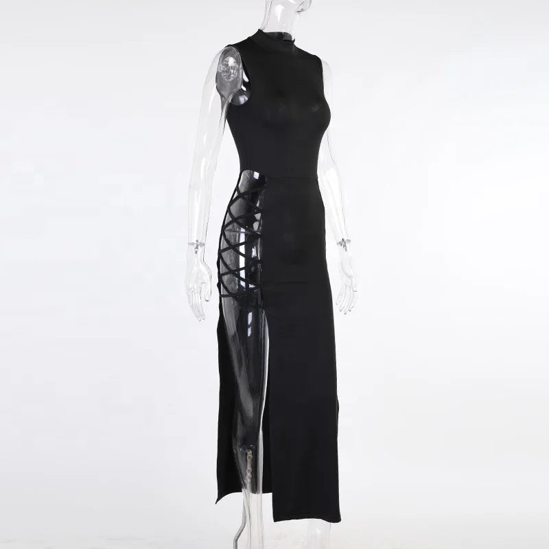 OUDINA Summer New Vest Slit Dress Women Sexy High Fashion Strap Club Dresses
