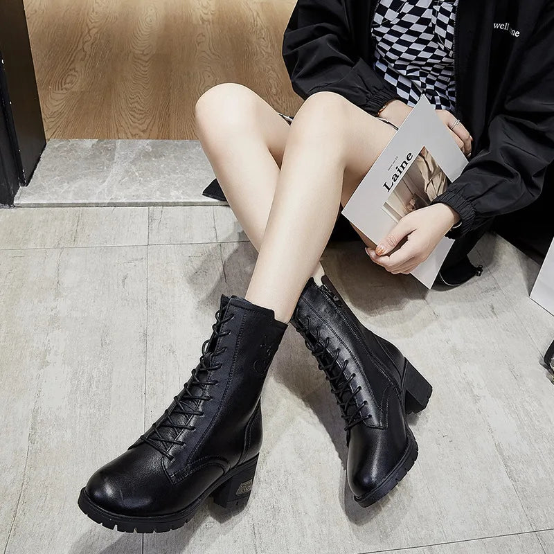 Luxury Women Warm Matrtin Leather Boots Platform Ladies  Winter Shoes