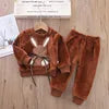 Girls Clothing Sets Children's Flannel Pajamas Home Clothes Casual Warm and Children Baby Sleepwear Suit Fleece Plain Solid