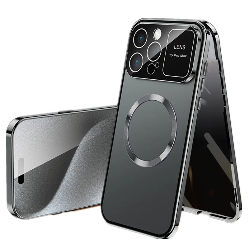 Premium Metal Frame Shell Cover With 360 Full-Body Protection Magnetic Phone Case With Privacy Screen for iPhone 15 16 Pro Max