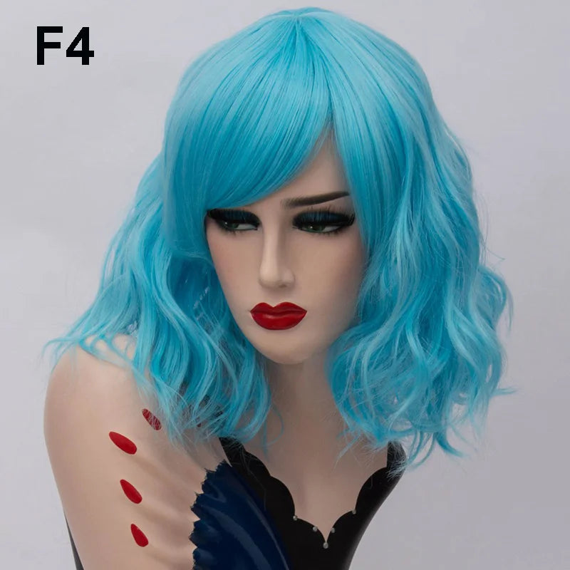 GAKA Short Wig Grey White Wavy Cosplay Red Wig with Side Bang for Women 32 Colors Party Costume Lolita Synthetic Hair