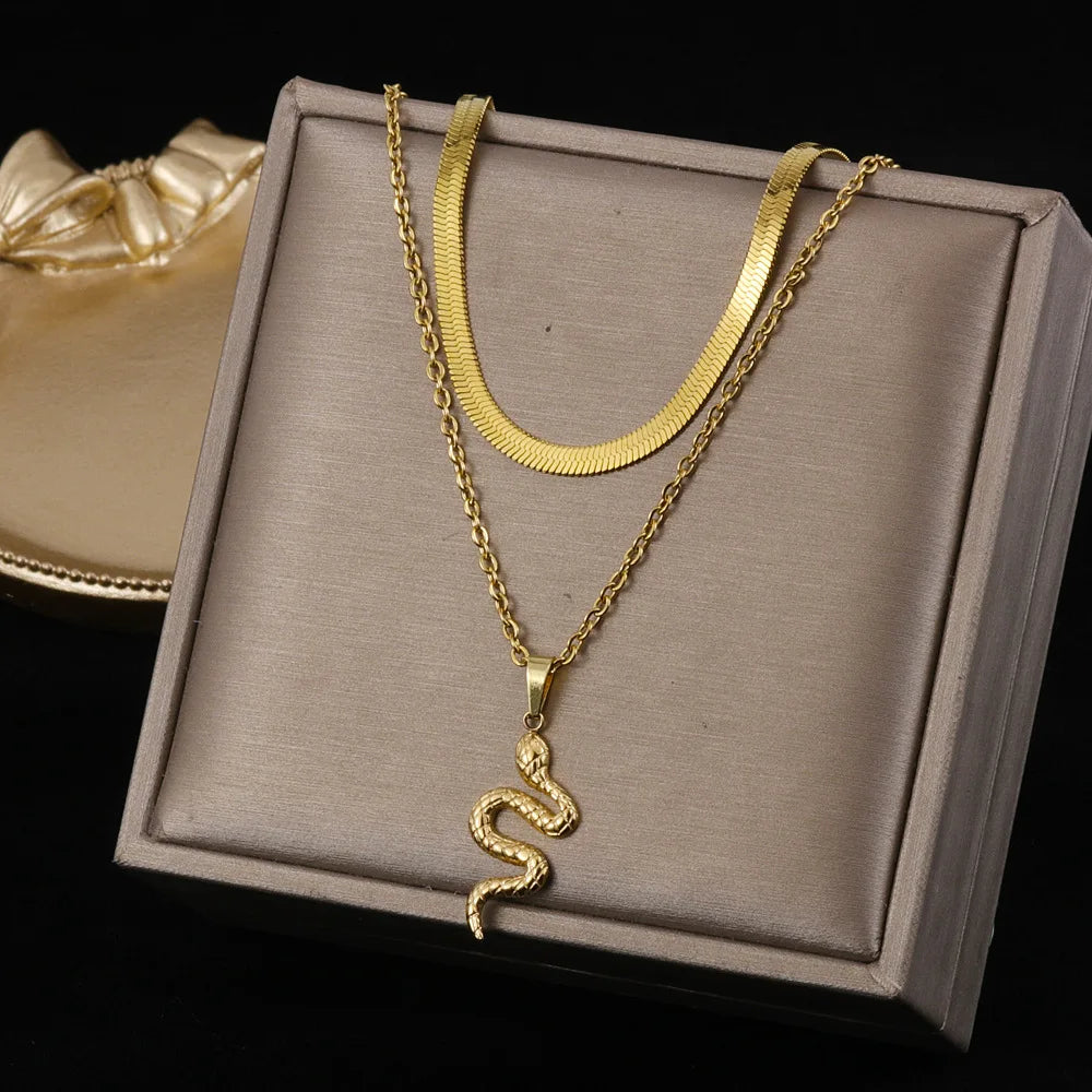 316l Stainless Steel Snake Chain Women Necklace Multilayer Gold Plated Paperclip Snake Chain Colorful Snake Necklace