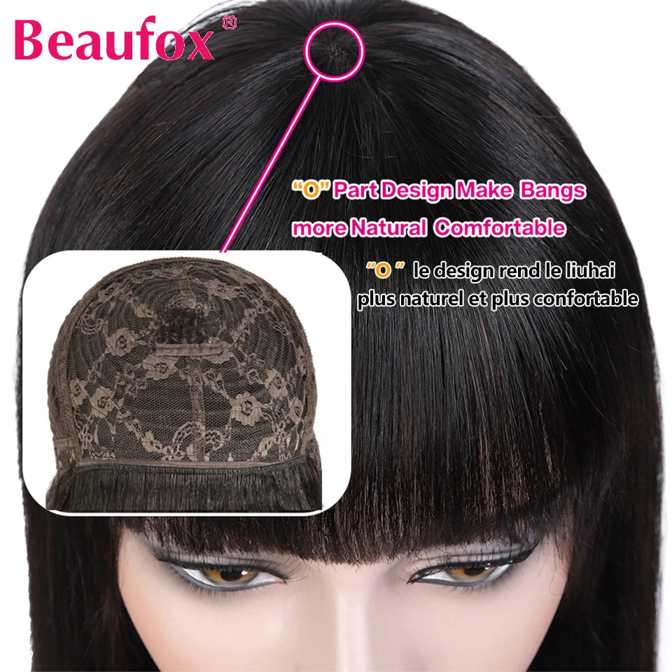 Beaufox Brazilian Straight Human Hair Wigs With Bangs Remy Full Machine Made Human Hair Wigs For Women 8-28 Inch Fringe Wig