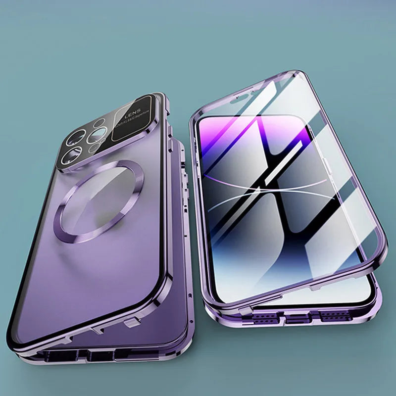 Premium Metal Frame Shell Cover With 360 Full-Body Protection Magnetic Phone Case With Privacy Screen for iPhone 15 16 Pro Max