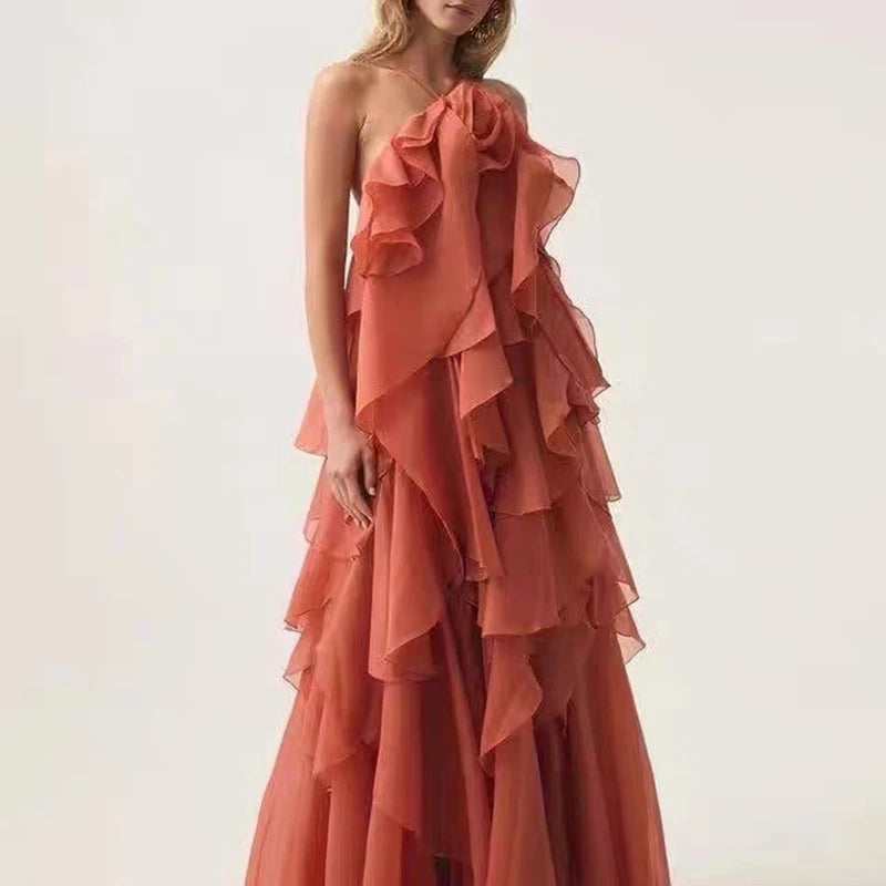 Beach Long Sleeveless Dress for Women Summer Design Fashion Halter Backless Solid 3D Appliques Cascading Ruffles A-Line Party