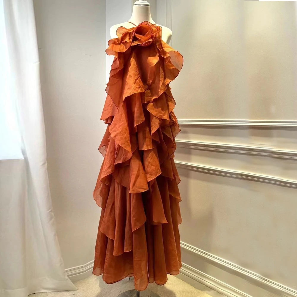 Beach Long Sleeveless Dress for Women Summer Design Fashion Halter Backless Solid 3D Appliques Cascading Ruffles A-Line Party