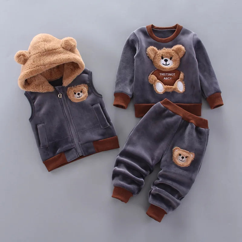Children Clothing Sets Winter Plus Velvet Thick Warm 3Pcs Outfit Cartoon Bear Baby Boys Clothes Sport Tracksuit Set For Girls