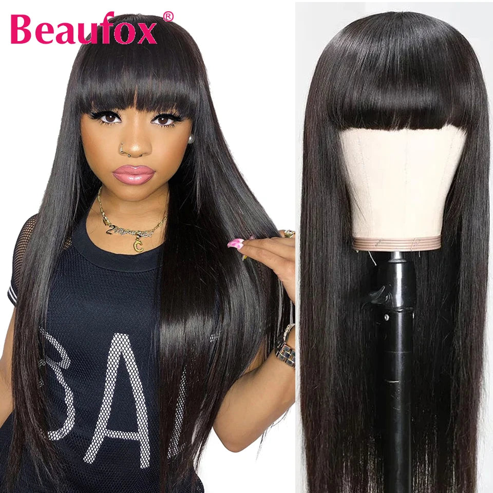 Beaufox Brazilian Straight Human Hair Wigs With Bangs Remy Full Machine Made Human Hair Wigs For Women 8-28 Inch Fringe Wig
