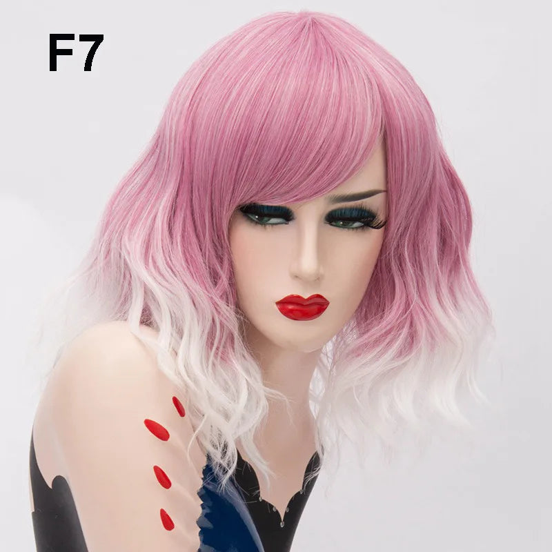 GAKA Short Wig Grey White Wavy Cosplay Red Wig with Side Bang for Women 32 Colors Party Costume Lolita Synthetic Hair