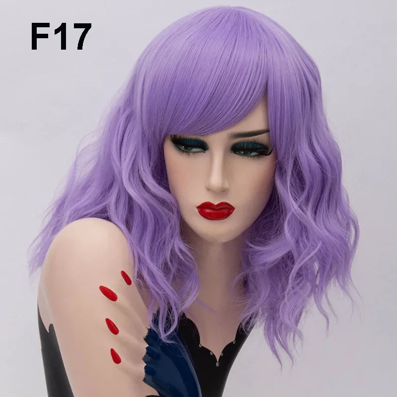 GAKA Short Wig Grey White Wavy Cosplay Red Wig with Side Bang for Women 32 Colors Party Costume Lolita Synthetic Hair