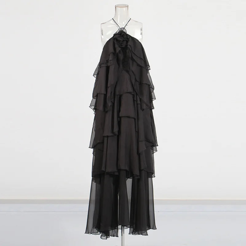 Boutique Wholesale 2025 Summer New Fashionable French Sleeveless Ruffle Solid Color Women's Dress
