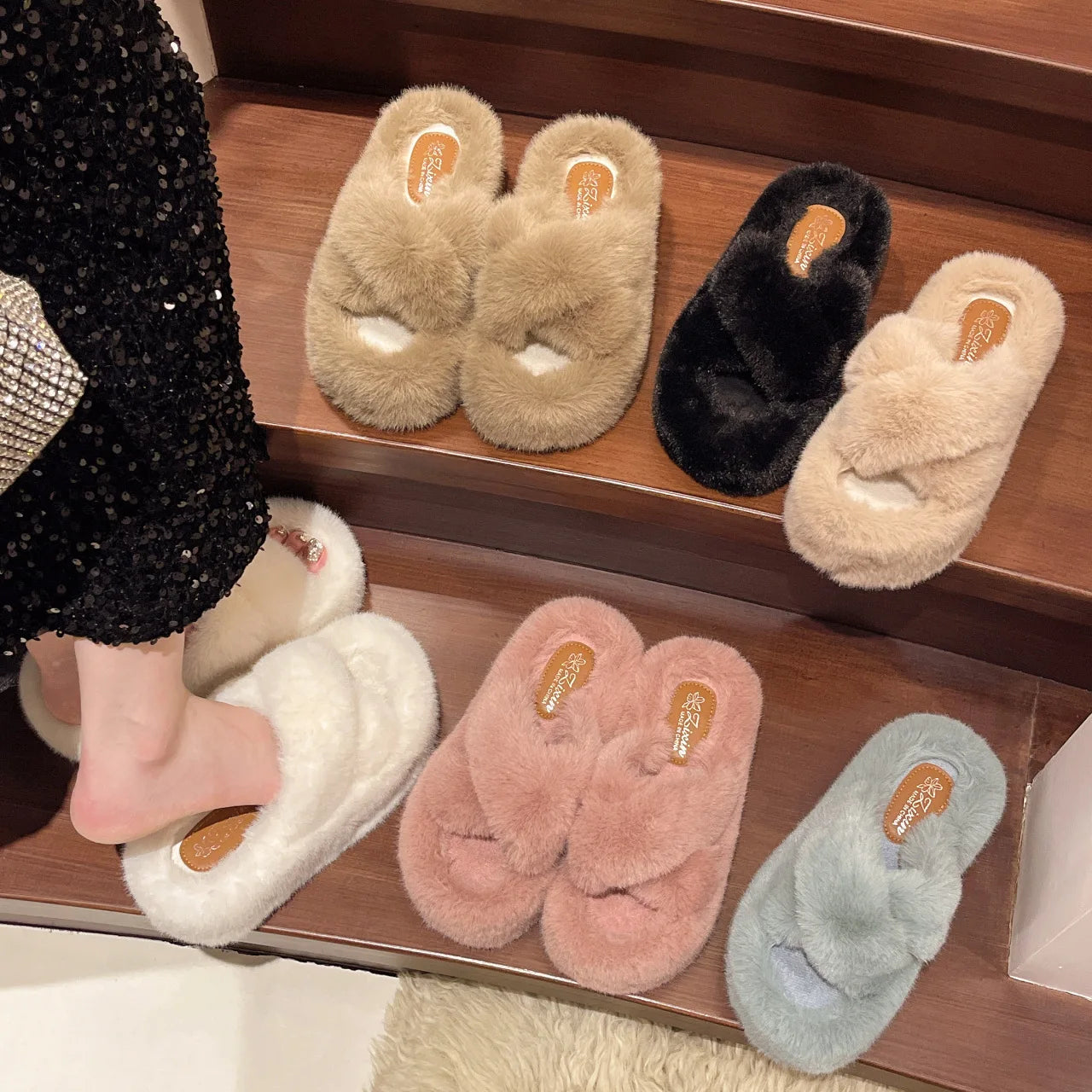 Greatslides Custom Women Furry Slippers,Sandals for Women and Ladies Luxury,Women Winter Warm Shoes Slides Plush Flat Slipper