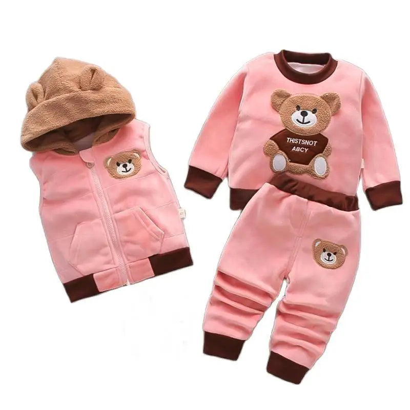 2026 New Baby Boys Girls Christmas Cartoon Winter Hooded Plush Warm Vest Coat+Sweatshirt+Pants 3Pcs Infant Children Sports Suit