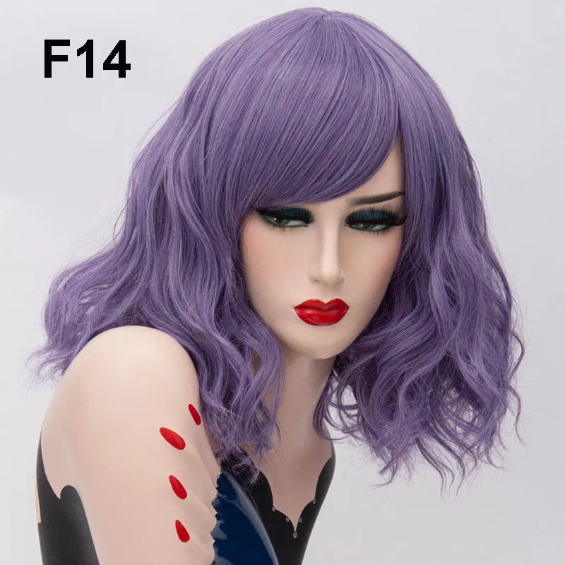 GAKA Short Wig Grey White Wavy Cosplay Red Wig with Side Bang for Women 32 Colors Party Costume Lolita Synthetic Hair