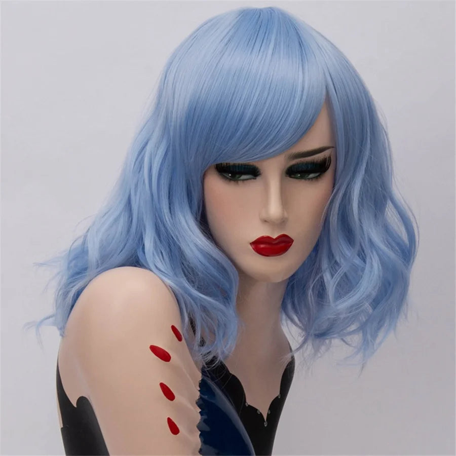 GAKA Short Wig Grey White Wavy Cosplay Red Wig with Side Bang for Women 32 Colors Party Costume Lolita Synthetic Hair