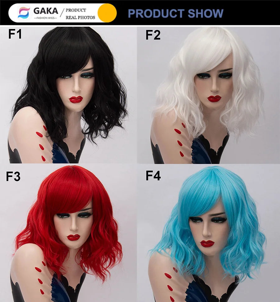 GAKA Short Wig Grey White Wavy Cosplay Red Wig with Side Bang for Women 32 Colors Party Costume Lolita Synthetic Hair