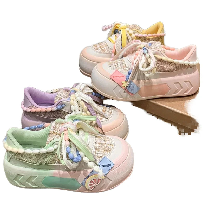 Basket Thick Sole Running Shoe Pink/Green Chunky Platform Fashion Trend 2026 Women Sneakers Casual Skate Shoes
