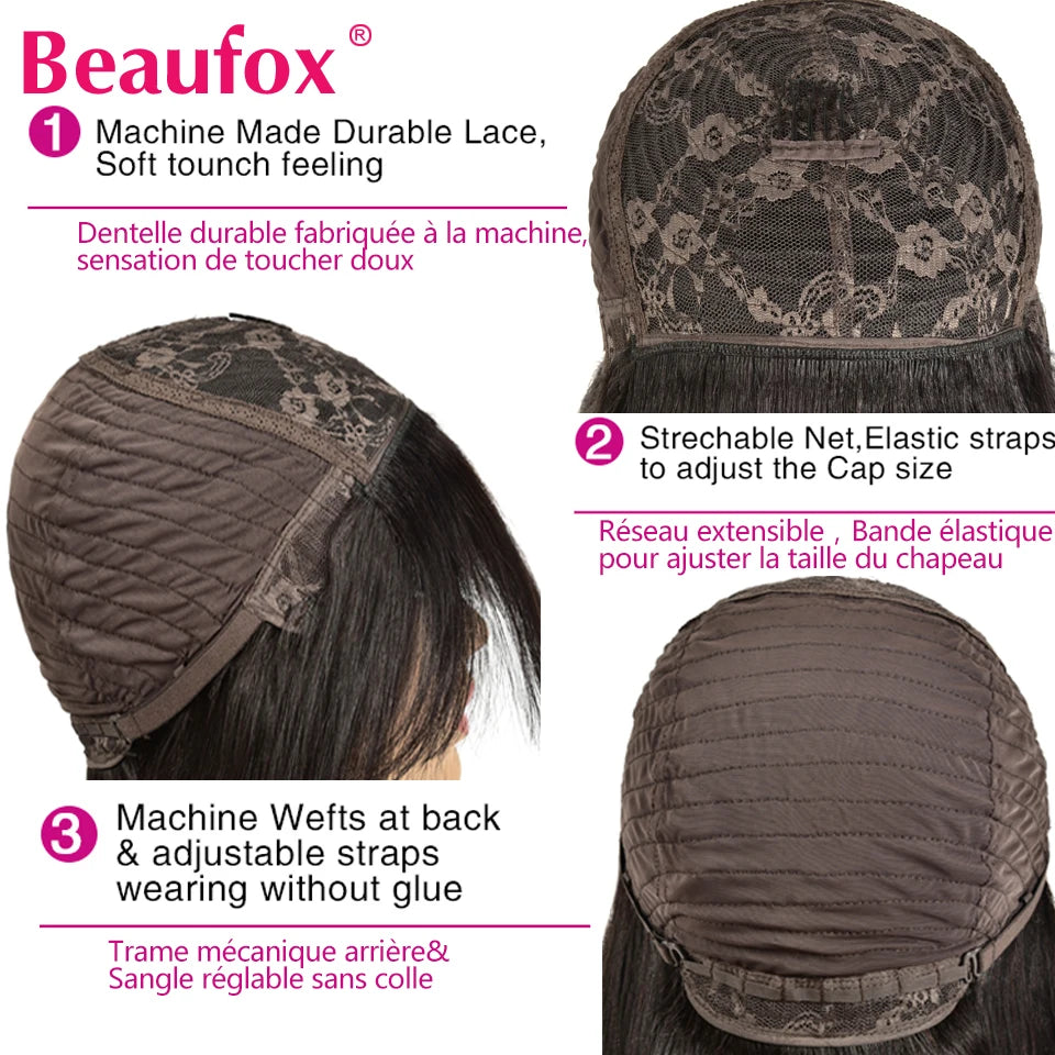 Beaufox Brazilian Straight Human Hair Wigs With Bangs Remy Full Machine Made Human Hair Wigs For Women 8-28 Inch Fringe Wig