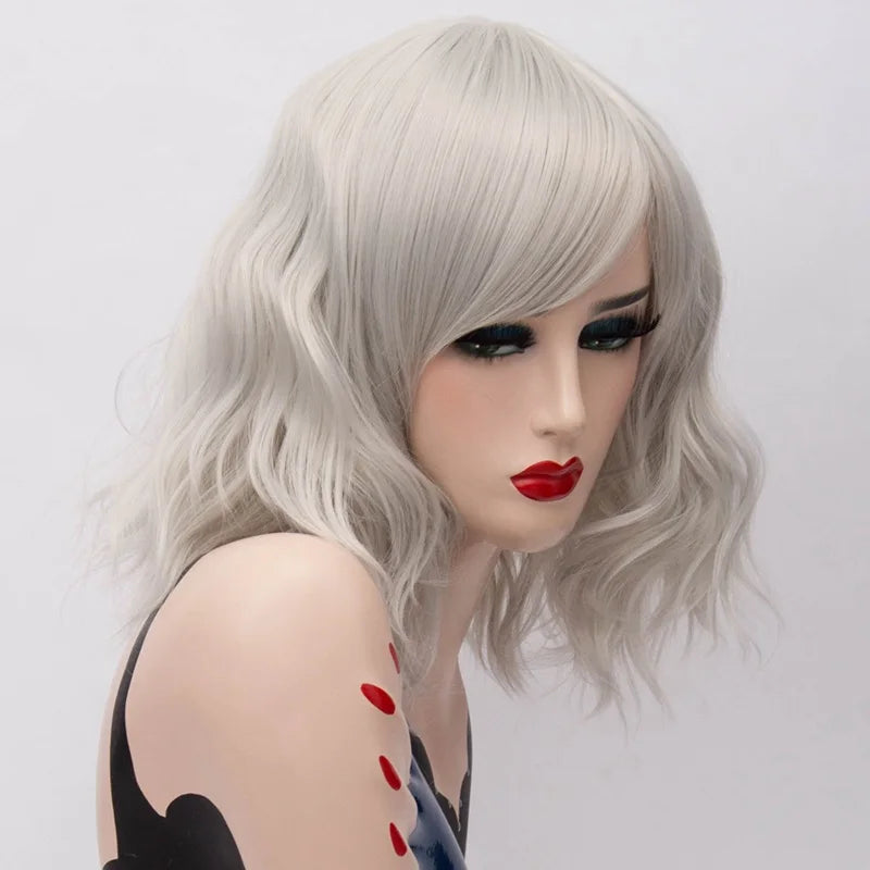 GAKA Short Wig Grey White Wavy Cosplay Red Wig with Side Bang for Women 32 Colors Party Costume Lolita Synthetic Hair