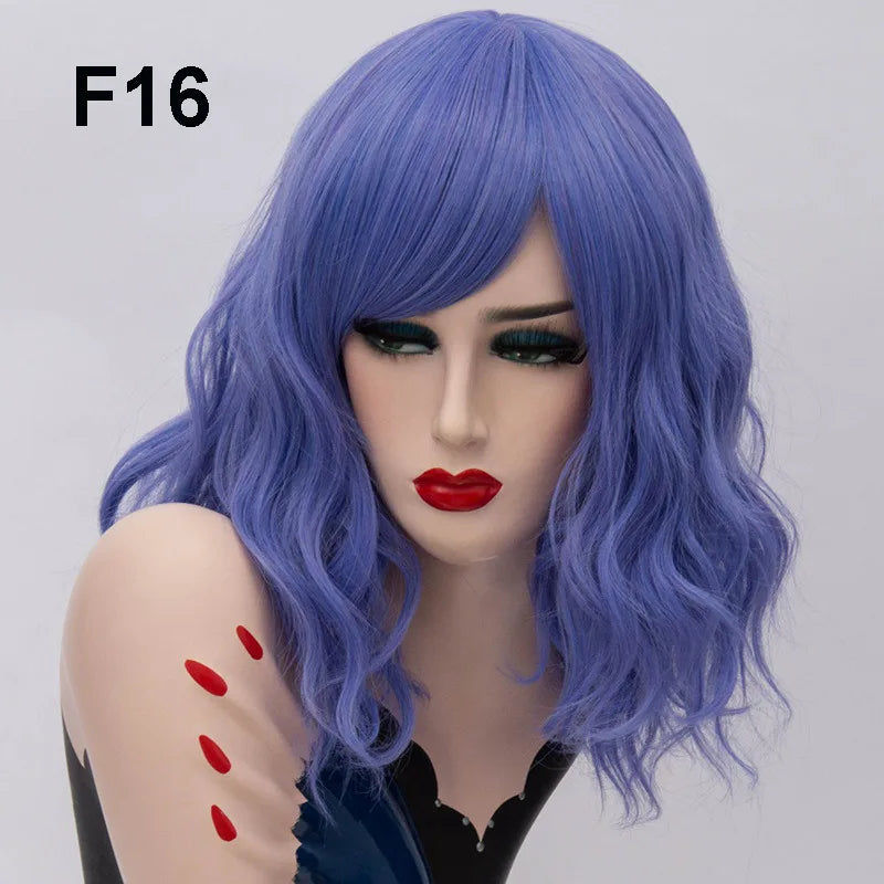 GAKA Short Wig Grey White Wavy Cosplay Red Wig with Side Bang for Women 32 Colors Party Costume Lolita Synthetic Hair