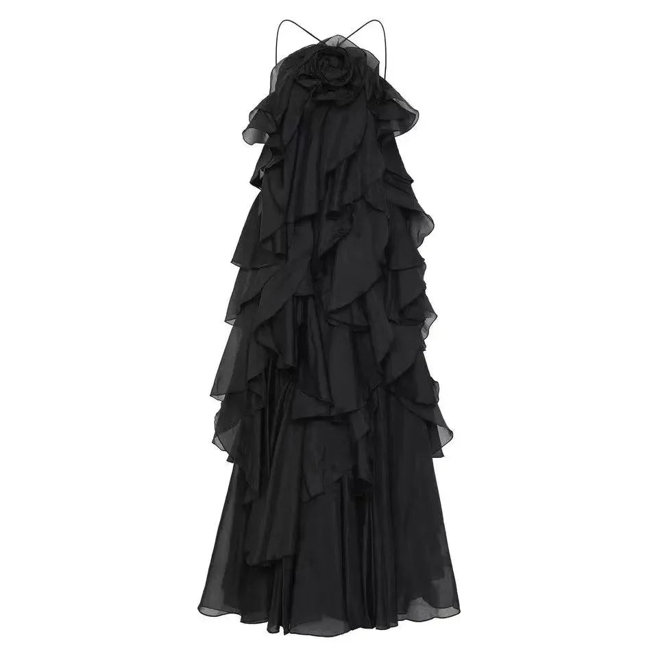 Beach Long Sleeveless Dress for Women Summer Design Fashion Halter Backless Solid 3D Appliques Cascading Ruffles A-Line Party