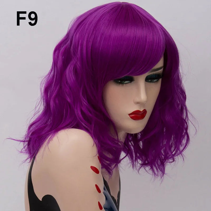 GAKA Short Wig Grey White Wavy Cosplay Red Wig with Side Bang for Women 32 Colors Party Costume Lolita Synthetic Hair