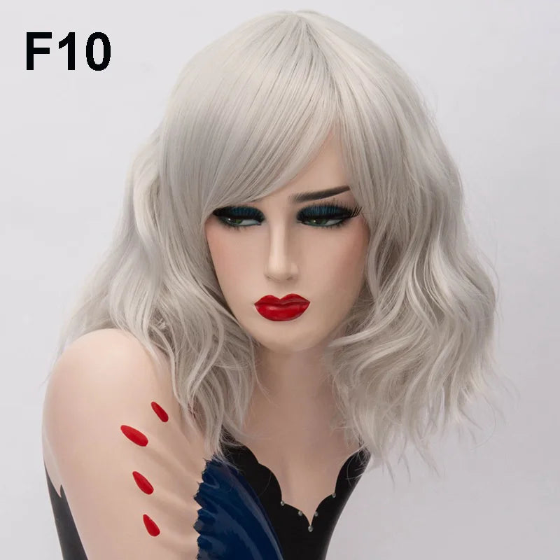 GAKA Short Wig Grey White Wavy Cosplay Red Wig with Side Bang for Women 32 Colors Party Costume Lolita Synthetic Hair