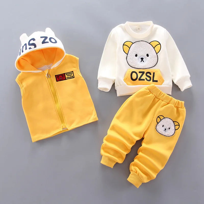 Children Clothing Sets Winter Plus Velvet Thick Warm 3Pcs Outfit Cartoon Bear Baby Boys Clothes Sport Tracksuit Set For Girls