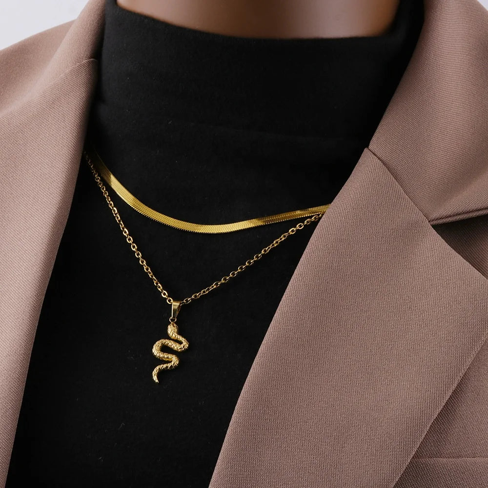 316l Stainless Steel Snake Chain Women Necklace Multilayer Gold Plated Paperclip Snake Chain Colorful Snake Necklace