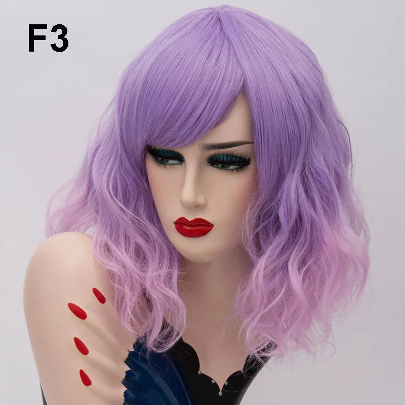 GAKA Short Wig Grey White Wavy Cosplay Red Wig with Side Bang for Women 32 Colors Party Costume Lolita Synthetic Hair