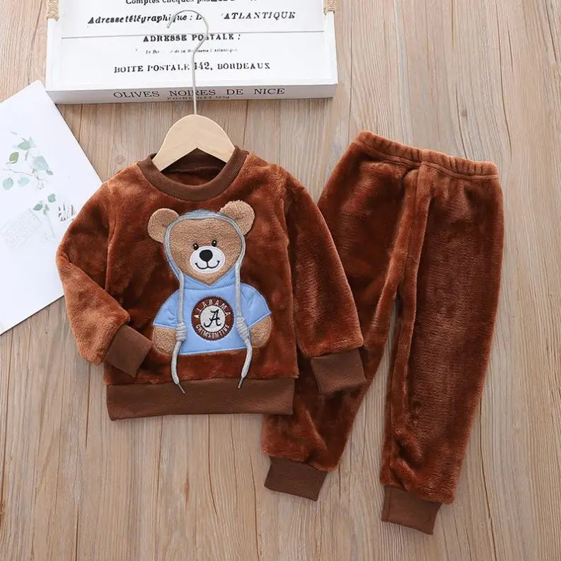 Girls Clothing Sets Children's Flannel Pajamas Home Clothes Casual Warm and Children Baby Sleepwear Suit Fleece Plain Solid