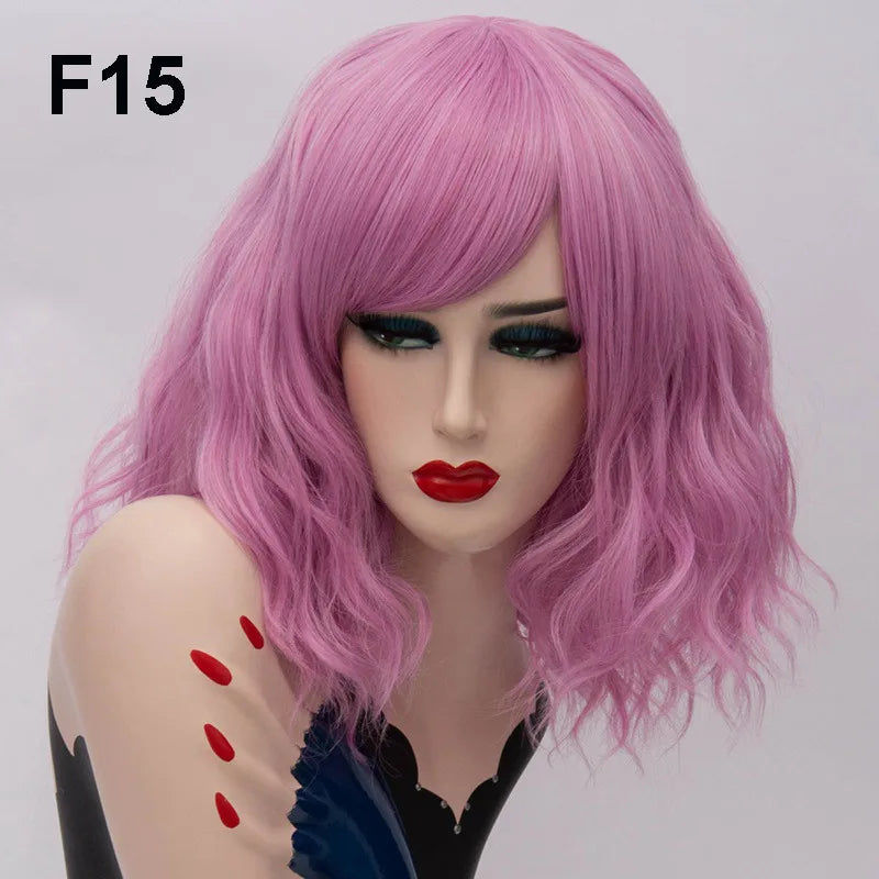 GAKA Short Wig Grey White Wavy Cosplay Red Wig with Side Bang for Women 32 Colors Party Costume Lolita Synthetic Hair